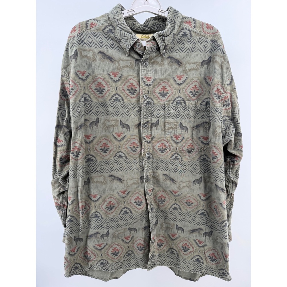 Cabelas Mens‎ 2XL Tall Deerskin Soft Chamois Shirt Southwestern Wolf Print Green